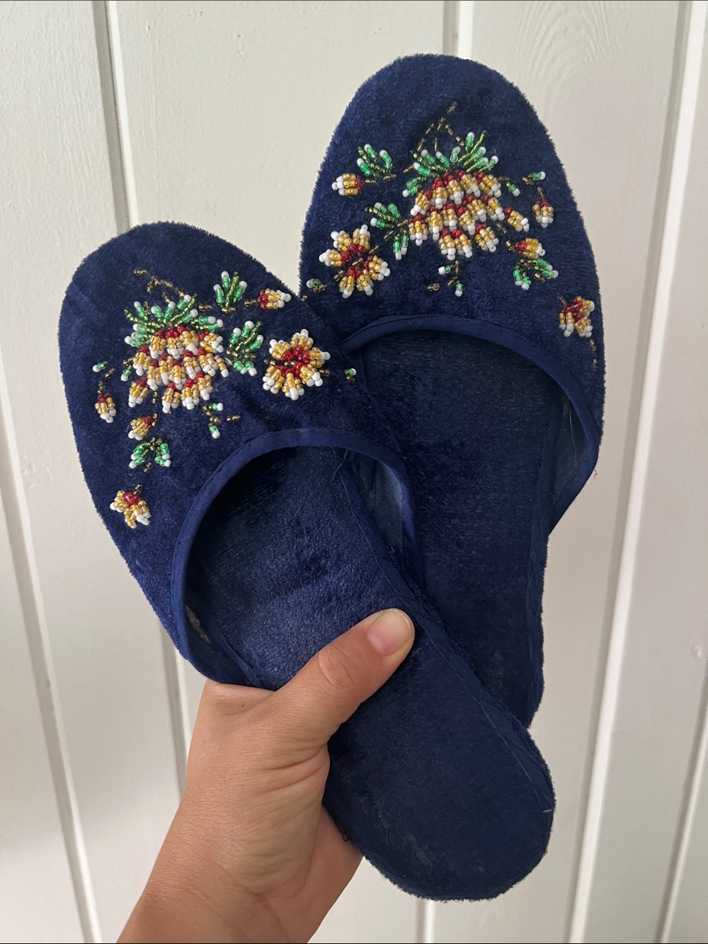Vintage Asian Navy Floral Beaded Slippers / Flats, Size S / 6